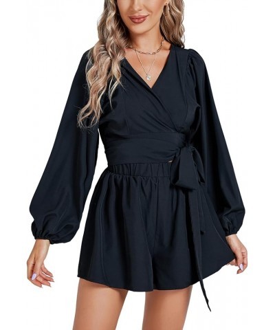 Women's Floral Puff Long Sleeve Jumpsuit Wrap V Neck Tie Front Short Romper Black $13.94 Rompers