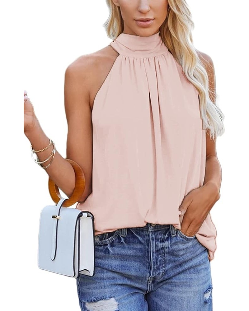 Women's Casual Sleeveless Self Tie Neck Pleated Front Tank Halter Top Light Pink $6.50 Tanks