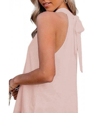 Women's Casual Sleeveless Self Tie Neck Pleated Front Tank Halter Top Light Pink $6.50 Tanks