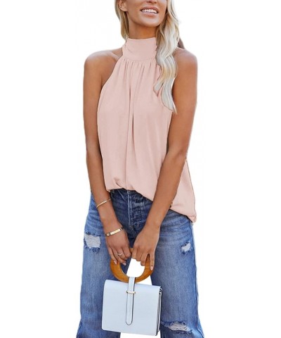 Women's Casual Sleeveless Self Tie Neck Pleated Front Tank Halter Top Light Pink $6.50 Tanks