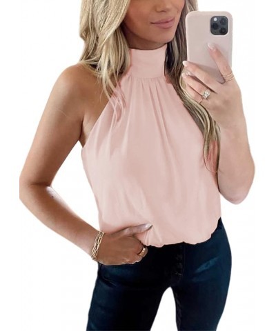 Women's Casual Sleeveless Self Tie Neck Pleated Front Tank Halter Top Light Pink $6.50 Tanks