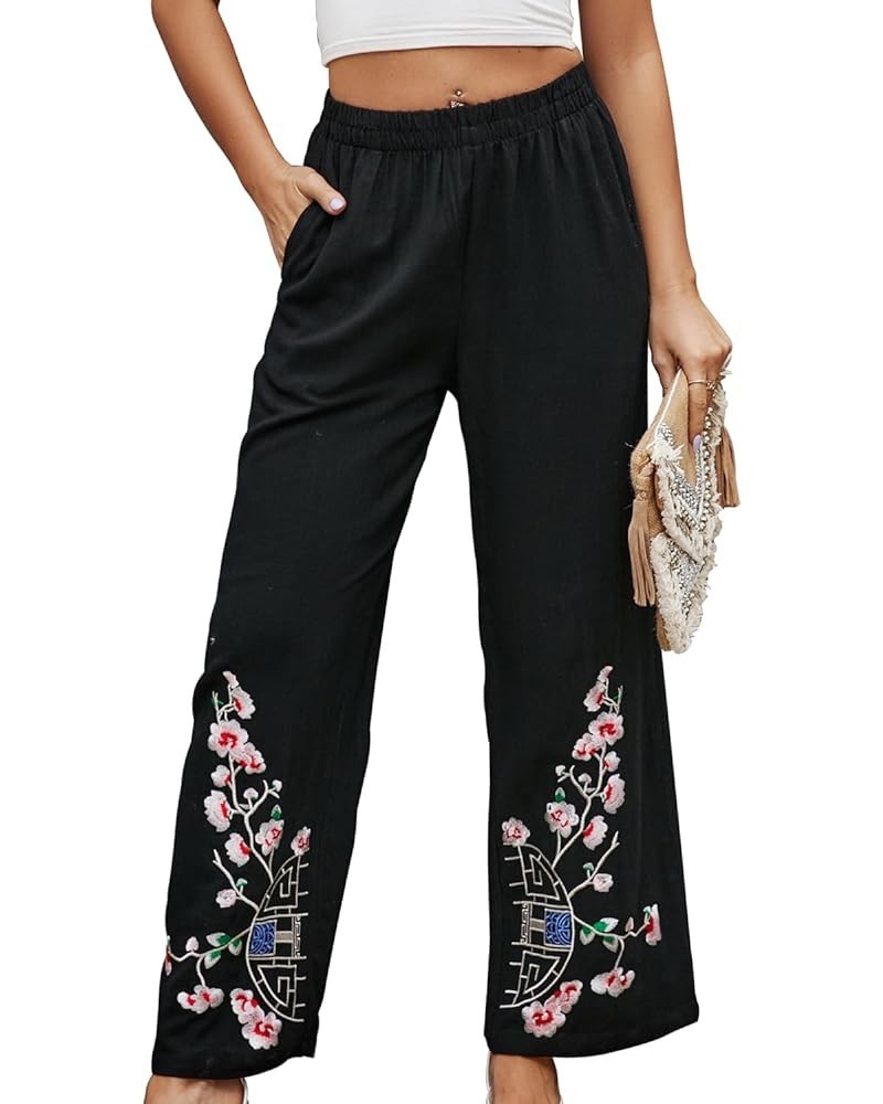 Women's Pants Casual,Floral Embroidered Wide Leg Pants for Women,High Waisted Pants for Women Long Loose Pants. 689-black $20...