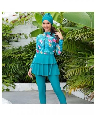 Women Burkini Swimsuits Modest Muslim Swimwear Islamic Ruffle Long Sleeve Full Cover Hijab Top Swim Pants Bathing Suit Aqua F...