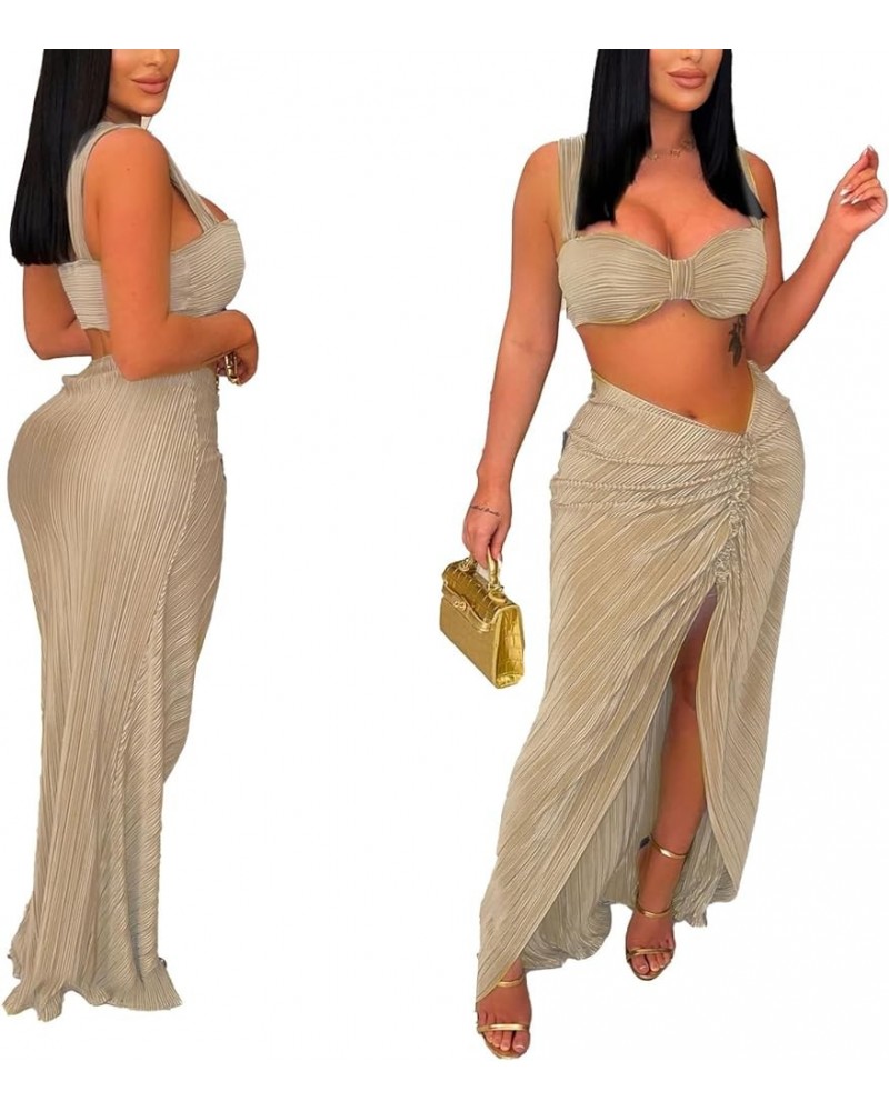 Sexy 2 Piece Outfits for Women Summer Club Split Long Skirt Set Party Sleeveless Crop Top Apricot $15.68 Suits