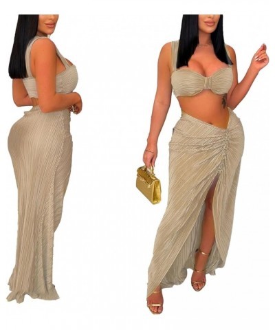 Sexy 2 Piece Outfits for Women Summer Club Split Long Skirt Set Party Sleeveless Crop Top Apricot $15.68 Suits