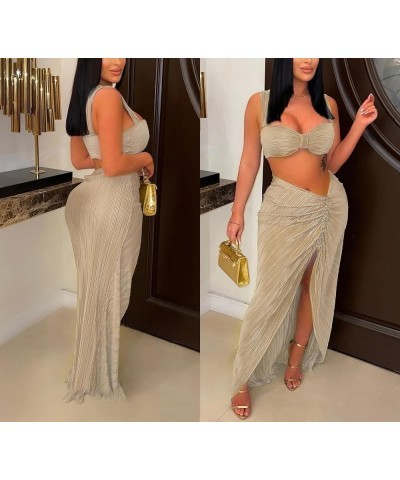 Sexy 2 Piece Outfits for Women Summer Club Split Long Skirt Set Party Sleeveless Crop Top Apricot $15.68 Suits