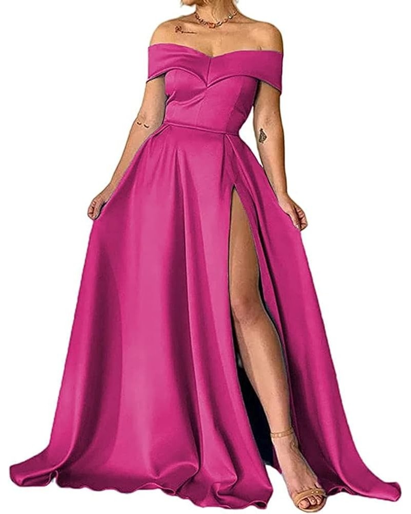 Women's Prom Dress Long Off The Shoulder Evening Dress A Line Military Ball Gown with Pockets Slit Party Dresses Fuchsia $51....