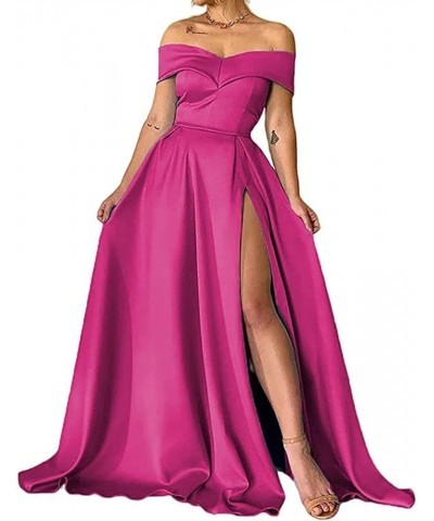 Women's Prom Dress Long Off The Shoulder Evening Dress A Line Military Ball Gown with Pockets Slit Party Dresses Fuchsia $51....