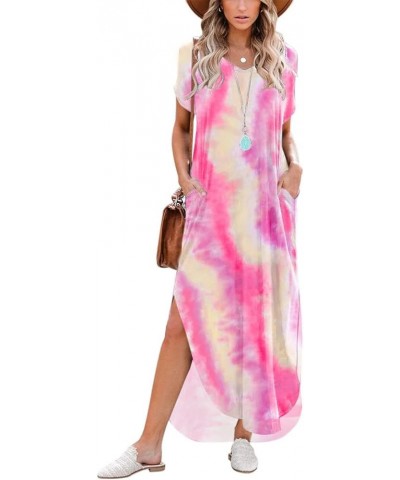 Womens Summer Short Sleeve Maxi Dress Casual Loose Tie Dye V Neck Split Long Tshirt Beach Dresses with Pockets Pinkpurple $12...