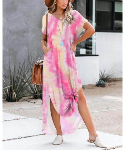 Womens Summer Short Sleeve Maxi Dress Casual Loose Tie Dye V Neck Split Long Tshirt Beach Dresses with Pockets Pinkpurple $12...