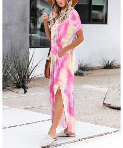 Womens Summer Short Sleeve Maxi Dress Casual Loose Tie Dye V Neck Split Long Tshirt Beach Dresses with Pockets Pinkpurple $12...