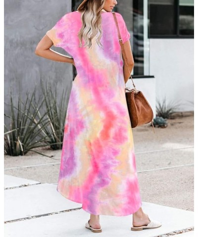 Womens Summer Short Sleeve Maxi Dress Casual Loose Tie Dye V Neck Split Long Tshirt Beach Dresses with Pockets Pinkpurple $12...