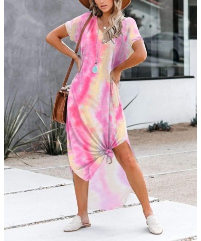 Womens Summer Short Sleeve Maxi Dress Casual Loose Tie Dye V Neck Split Long Tshirt Beach Dresses with Pockets Pinkpurple $12...