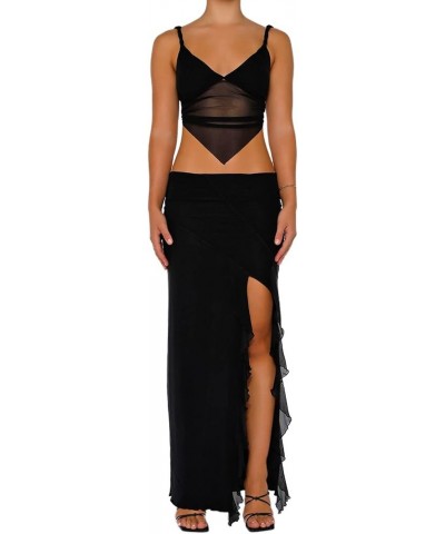 Women's 2 Piece Summer Outfits Sexy Lace Sleeveless Crop Tank Tops Bodycon Midi Long Skirt Dress Set Suit A-black $10.42 Suits