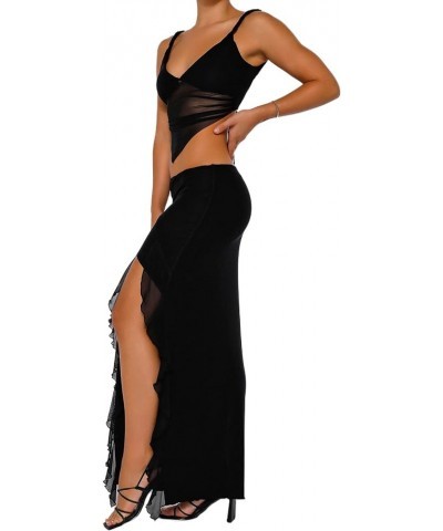 Women's 2 Piece Summer Outfits Sexy Lace Sleeveless Crop Tank Tops Bodycon Midi Long Skirt Dress Set Suit A-black $10.42 Suits