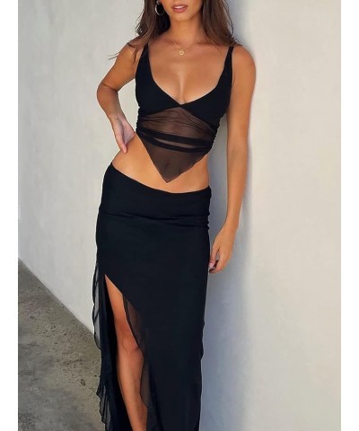 Women's 2 Piece Summer Outfits Sexy Lace Sleeveless Crop Tank Tops Bodycon Midi Long Skirt Dress Set Suit A-black $10.42 Suits