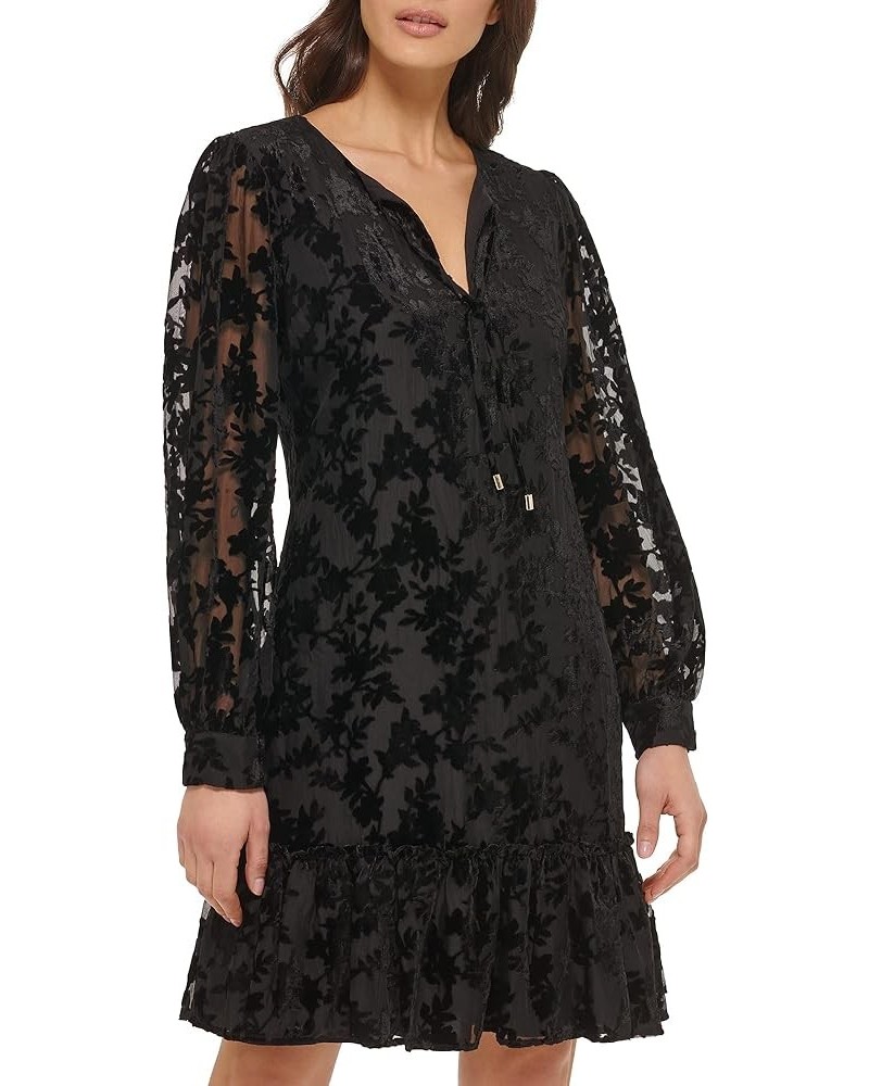 Women's Velvet Burnout Shift V-Neck Dress Black $17.81 Dresses