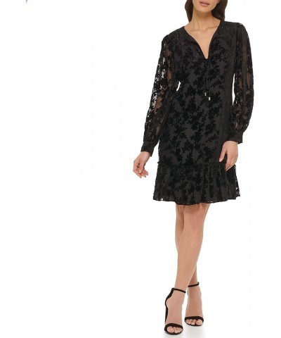 Women's Velvet Burnout Shift V-Neck Dress Black $17.81 Dresses