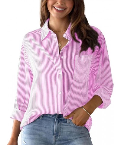 Womens Striped Button Down Shirts Long Sleeve Collared Business Office Work Blouses Shirts Tops with Pocket Pink $11.61 Blouses