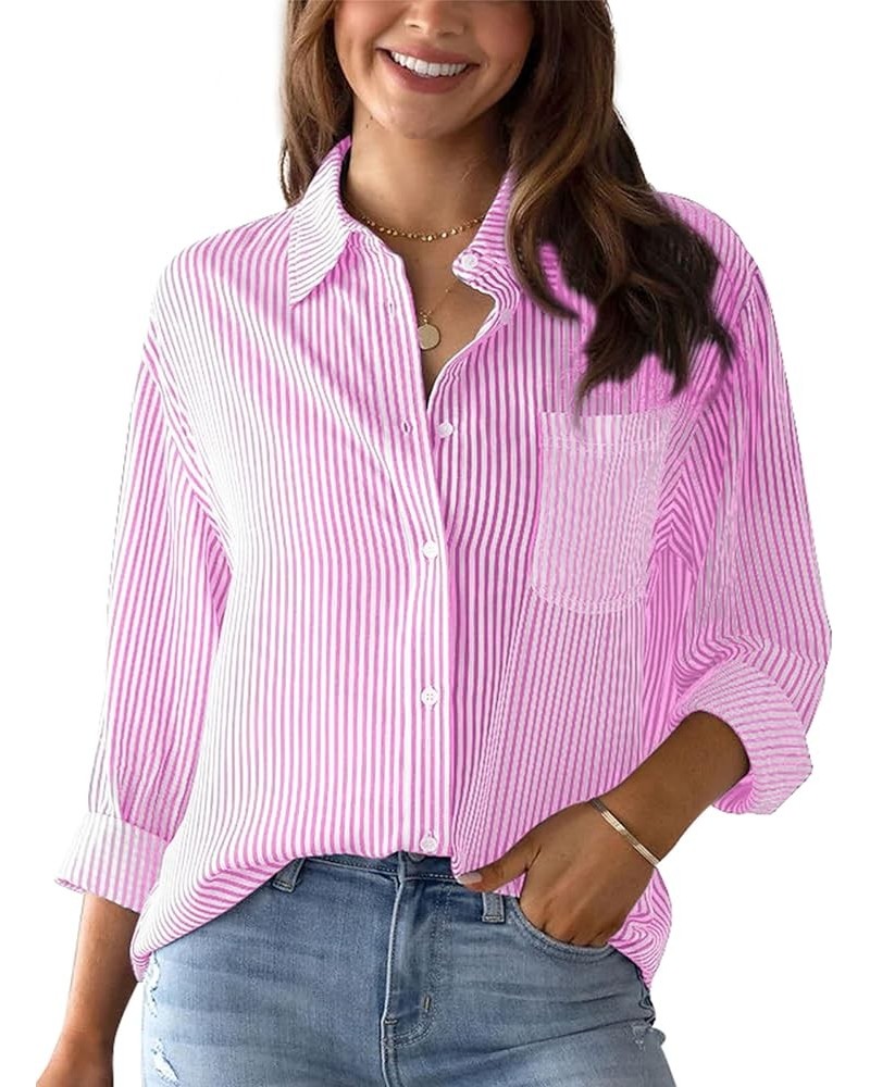 Womens Striped Button Down Shirts Long Sleeve Collared Business Office Work Blouses Shirts Tops with Pocket Pink $11.61 Blouses