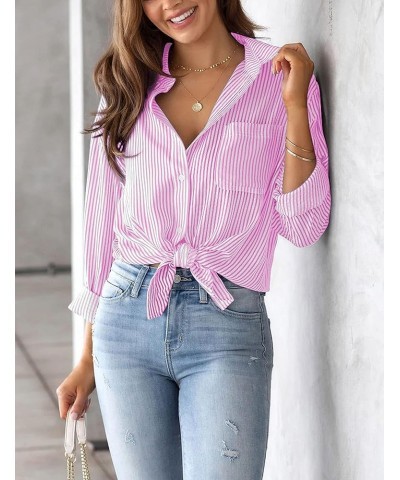 Womens Striped Button Down Shirts Long Sleeve Collared Business Office Work Blouses Shirts Tops with Pocket Pink $11.61 Blouses