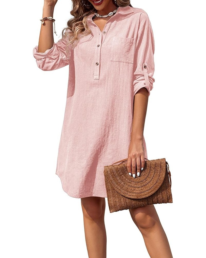 Women Summer Dress Cotton Linen Shirt Dress Button Down Tunic Dress Beach Cover Up Dress Pink $18.32 Swimsuits