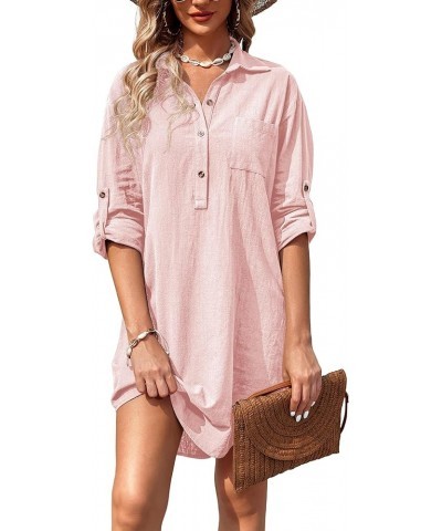 Women Summer Dress Cotton Linen Shirt Dress Button Down Tunic Dress Beach Cover Up Dress Pink $18.32 Swimsuits