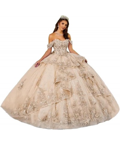 Women's Off Shoulder Quinceanera Dresses Ball Gown 3D Flower Puffy Beaded Lace Prom Dresses 2024 for Sweet 15 16 DE56 B-champ...