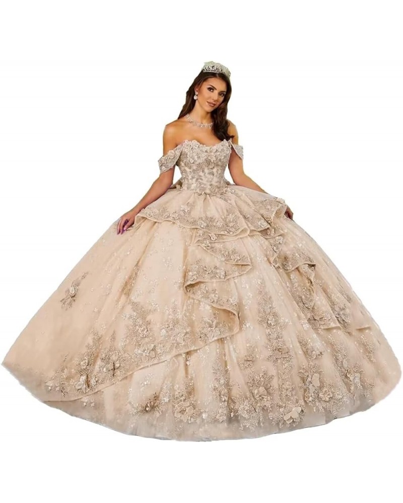 Women's Off Shoulder Quinceanera Dresses Ball Gown 3D Flower Puffy Beaded Lace Prom Dresses 2024 for Sweet 15 16 DE56 B-champ...