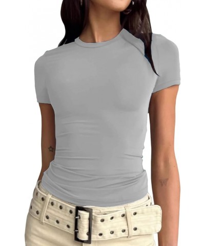 Casual Solid Color Slim Shirt for Women Stretchy Crewneck Short Sleeve Cropped Tops Streetwear 03-light Gray $7.53 T-Shirts