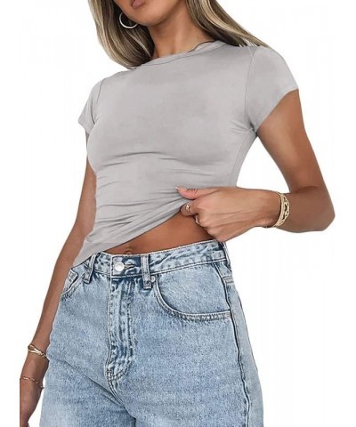 Casual Solid Color Slim Shirt for Women Stretchy Crewneck Short Sleeve Cropped Tops Streetwear 03-light Gray $7.53 T-Shirts