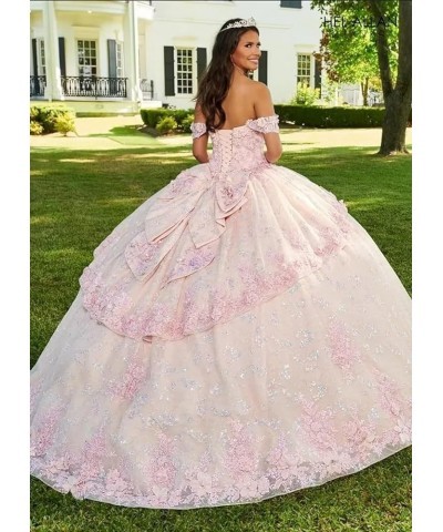 Women's Off Shoulder Quinceanera Dresses Ball Gown 3D Flower Puffy Beaded Lace Prom Dresses 2024 for Sweet 15 16 DE56 B-champ...