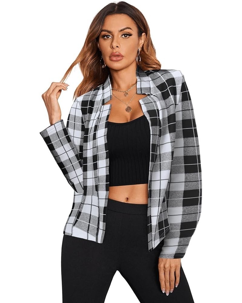 Women's Elegant Plaid Open Front Notched Neck Blazer Work Outerwear Jacket Multi Black Grey $8.54 Blazers