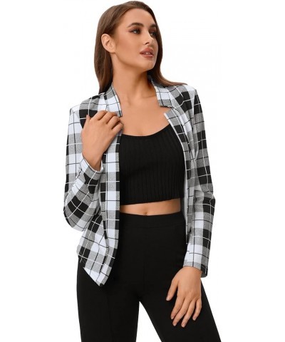 Women's Elegant Plaid Open Front Notched Neck Blazer Work Outerwear Jacket Multi Black Grey $8.54 Blazers