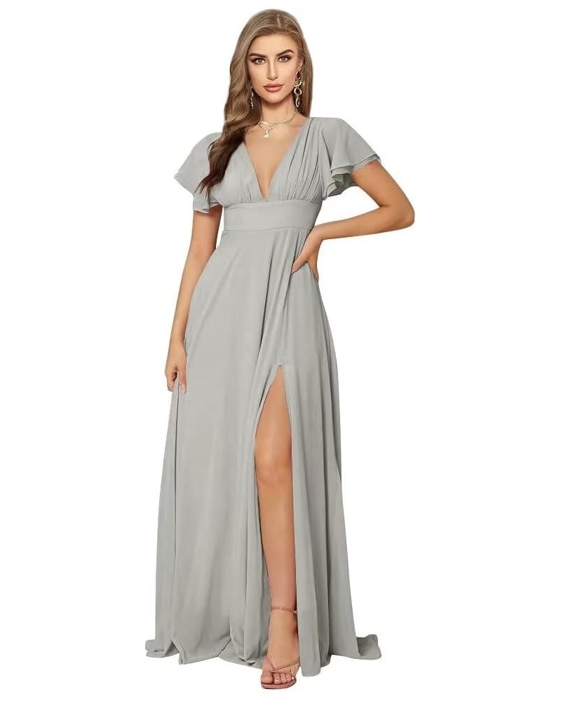 Women's Flutter Sleeve Bridesmaid Dresses for Wedding 2023 Long Chiffon A Line V Neck Prom Evening Gown with Slit Silver $25....