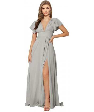 Women's Flutter Sleeve Bridesmaid Dresses for Wedding 2023 Long Chiffon A Line V Neck Prom Evening Gown with Slit Silver $25....