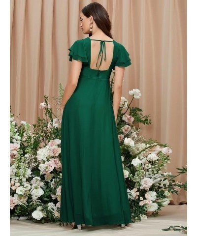 Women's Flutter Sleeve Bridesmaid Dresses for Wedding 2023 Long Chiffon A Line V Neck Prom Evening Gown with Slit Silver $25....