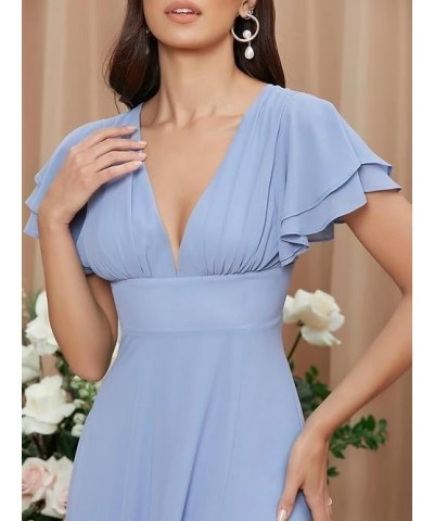 Women's Flutter Sleeve Bridesmaid Dresses for Wedding 2023 Long Chiffon A Line V Neck Prom Evening Gown with Slit Silver $25....