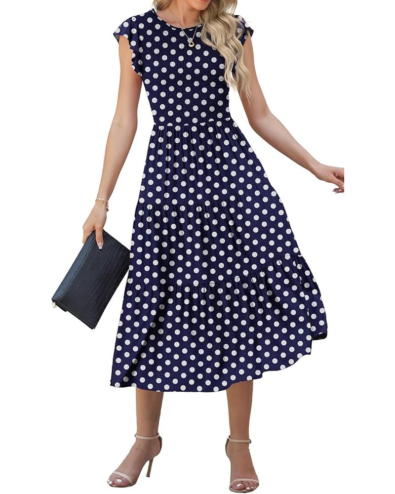 Women's Summer Dresses Casual Puffy Short Sleeve Round Neck Smocked Waist Tiered Midi Dress Wedding Guest Dresses Fp Navy Blu...