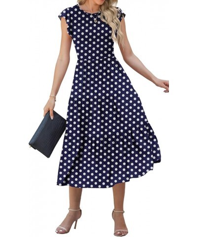 Women's Summer Dresses Casual Puffy Short Sleeve Round Neck Smocked Waist Tiered Midi Dress Wedding Guest Dresses Fp Navy Blu...