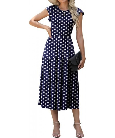 Women's Summer Dresses Casual Puffy Short Sleeve Round Neck Smocked Waist Tiered Midi Dress Wedding Guest Dresses Fp Navy Blu...