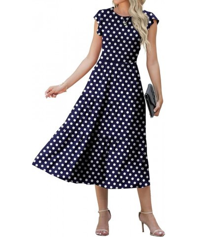 Women's Summer Dresses Casual Puffy Short Sleeve Round Neck Smocked Waist Tiered Midi Dress Wedding Guest Dresses Fp Navy Blu...