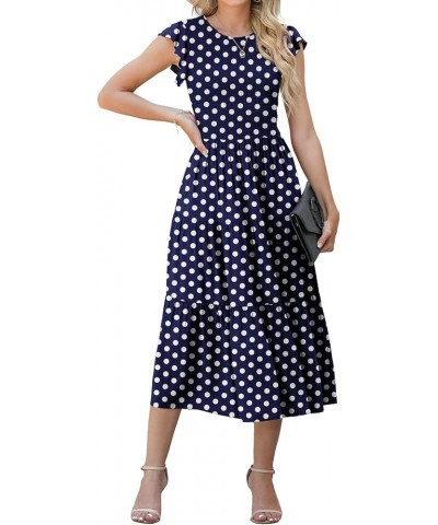 Women's Summer Dresses Casual Puffy Short Sleeve Round Neck Smocked Waist Tiered Midi Dress Wedding Guest Dresses Fp Navy Blu...