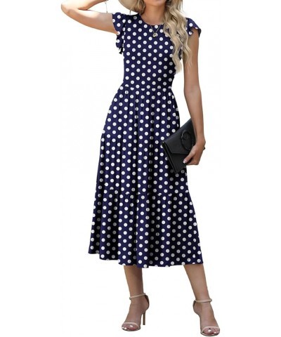 Women's Summer Dresses Casual Puffy Short Sleeve Round Neck Smocked Waist Tiered Midi Dress Wedding Guest Dresses Fp Navy Blu...