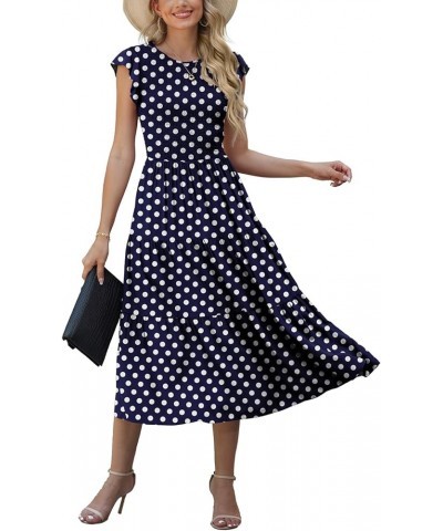 Women's Summer Dresses Casual Puffy Short Sleeve Round Neck Smocked Waist Tiered Midi Dress Wedding Guest Dresses Fp Navy Blu...