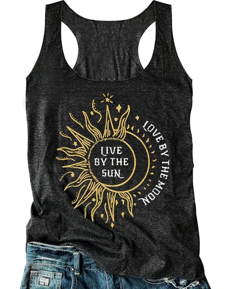 Women's Sunflower Live by The Sun Love by The Moon Tank Tops Summer Basic Racerback Tanks Shirts Funny Graphic Vest Dark Grey...