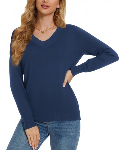 Women's Long-Sleeve Pullover Lightweight Soft V-Neck Casual Sweater Top Deep Blue $15.40 Sweaters