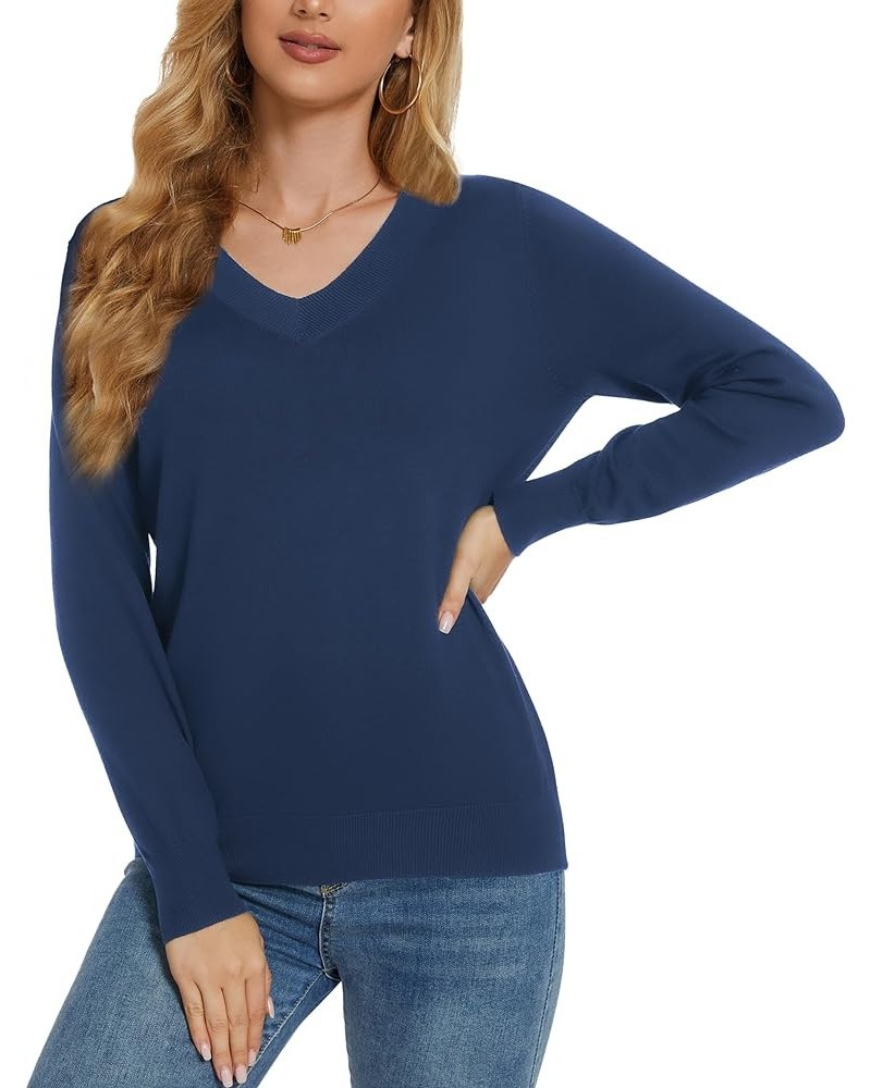 Women's Long-Sleeve Pullover Lightweight Soft V-Neck Casual Sweater Top Deep Blue $15.40 Sweaters