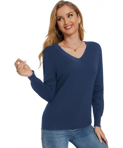 Women's Long-Sleeve Pullover Lightweight Soft V-Neck Casual Sweater Top Deep Blue $15.40 Sweaters