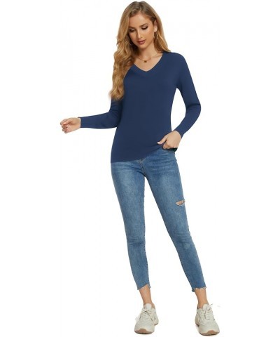 Women's Long-Sleeve Pullover Lightweight Soft V-Neck Casual Sweater Top Deep Blue $15.40 Sweaters